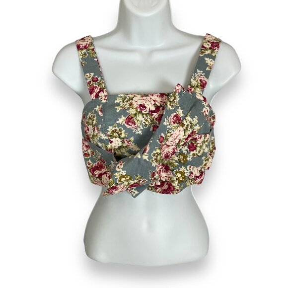 Lob Crop Top Floral Linen Cotton Twisted Bow‎ Front Sleeveless XS Cottagecore - Picture 1 of 9